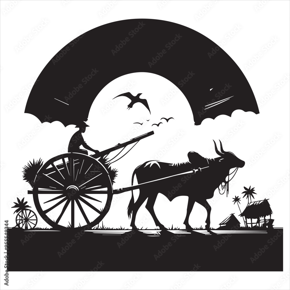Fototapeta premium bullock cart wheel silhouette vector With White Background