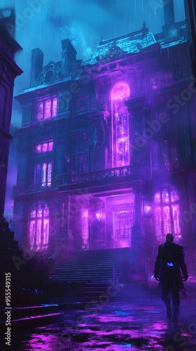 Haunting Manor A Dystopian Landscape with Glowing Phantasmal Figures and Bioluminescent Decor