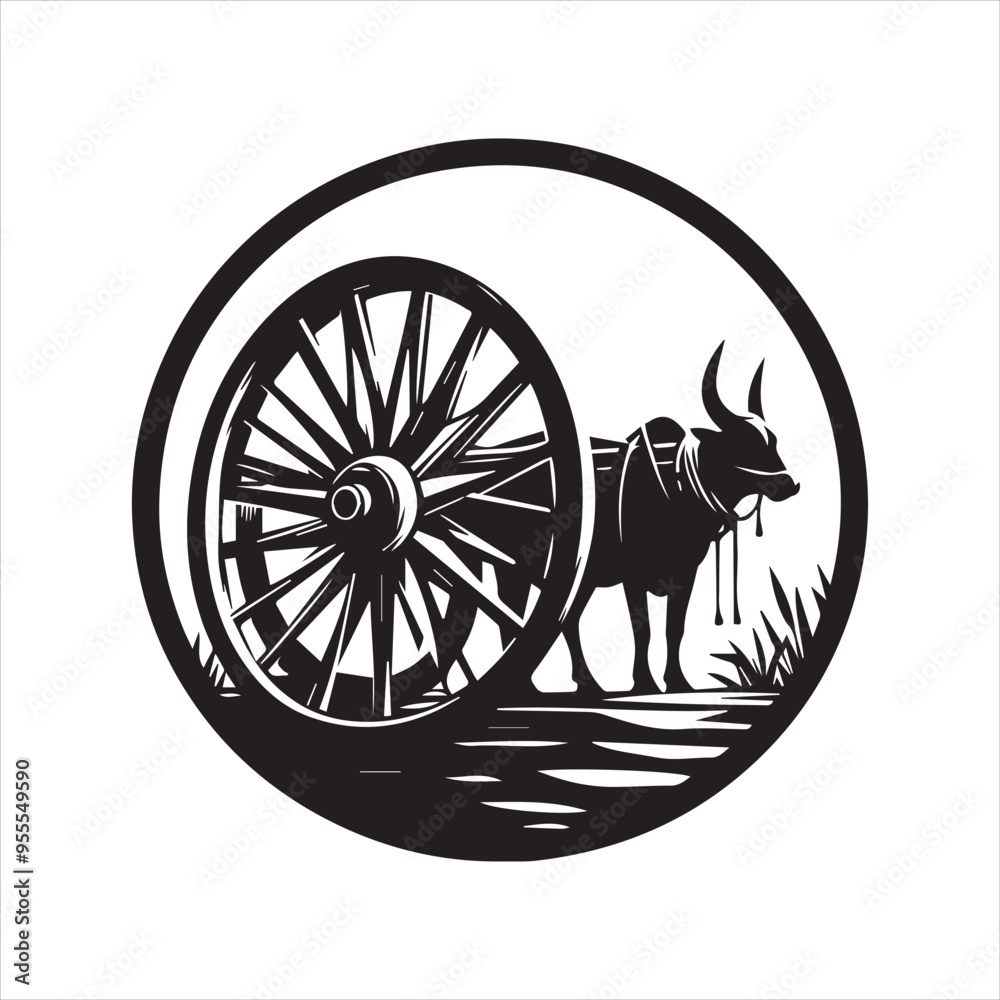 Fototapeta premium bullock cart wheel silhouette vector With White Background