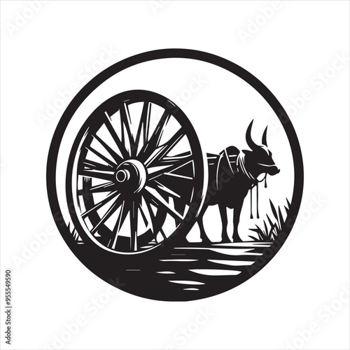 bullock cart wheel silhouette vector With White Background
