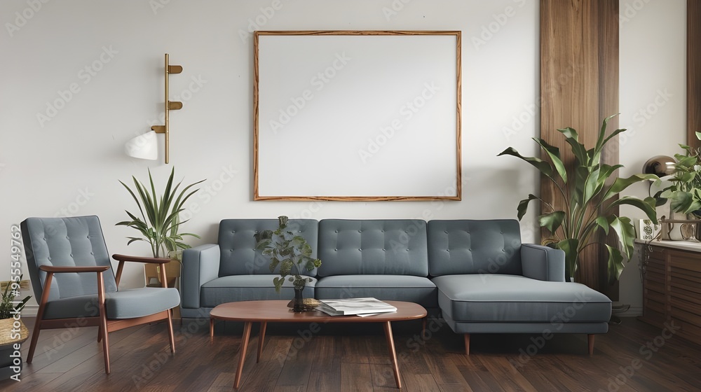 A mid-century modern living room with a grey sofa near a white wall. There is a blank mock-up poster frame with a lot of copy space on the wall. A mid-century modern living room with a grey sofa near a white wall. There is a blank mock-up poster frame with a lot of copy space on the wall.