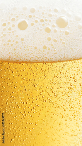 Close-up of a yellow beer with white foam on top, AI generated