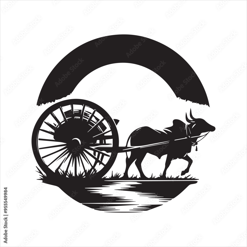 Fototapeta premium bullock cart wheel silhouette vector With White Background