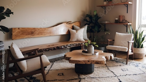 A rustic boho farmhouse home interior design of a modern living room with a wooden bench made from a rough wood slab. A large window and plants.