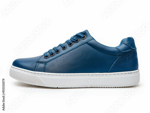 Stylish Blue Leather Men's Sneakers Isolated on White Background for Shoe Store Advertising photo