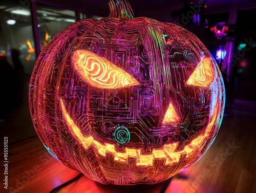 Techno Organic Jack o  Lantern Shrouded in Holographic Fractal Patterns and Neon Sigils photo