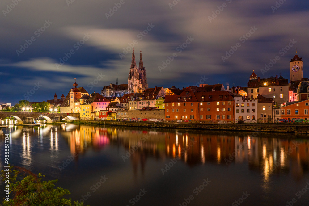 Panoramic view of Regensburg's old town on the Danube in Germany.