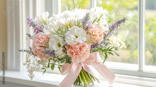 A Mother’s Day bouquet with soft pink carnations, white lilies, and lavender sprigs, tied with a satin ribbon and placed on a sunny windowsill