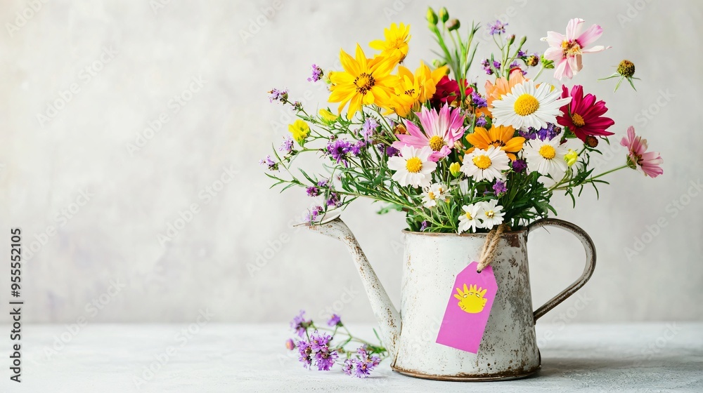 A playful arrangement of mixed wildflowers in a vintage watering can, with a colorful birthday tag attached, set against a light, airy background A playful arrangement of mixed wildflowers in a vintage watering can, with a colorful birthday tag attached, set against a light, airy background