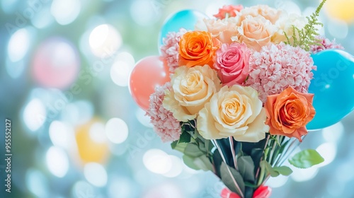 A playful bouquet of colorful balloons mixed with fresh flowers like roses and carnations, arranged in a whimsical birthday theme