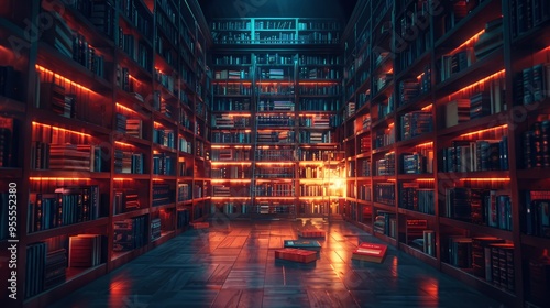Illuminated Library with Bookshelves and Books