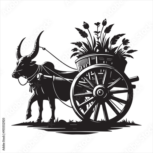 bullock cart wheel silhouette vector With White Background 