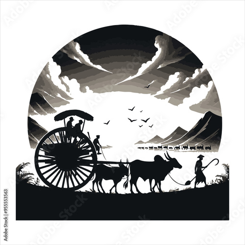 bullock cart wheel silhouette vector With White Background 