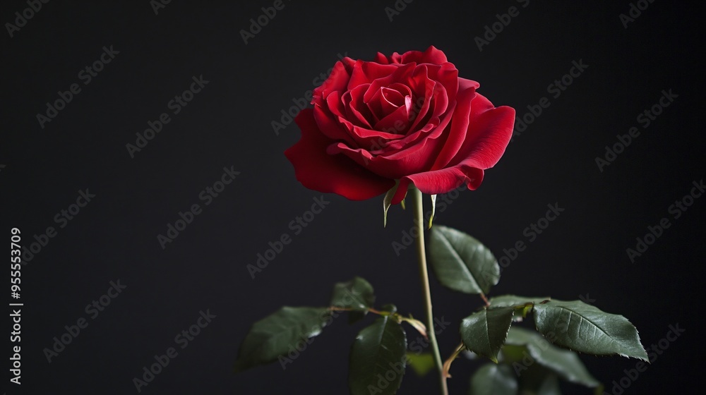 A solitary red rose with subtle green leaves, beautifully contrasted on a jet-black background A solitary red rose with subtle green leaves, beautifully contrasted on a jet-black background