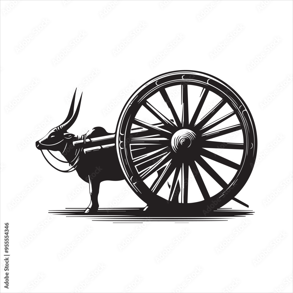 Fototapeta premium bullock cart wheel silhouette vector With White Background 
