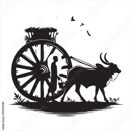 bullock cart wheel silhouette vector With White Background 