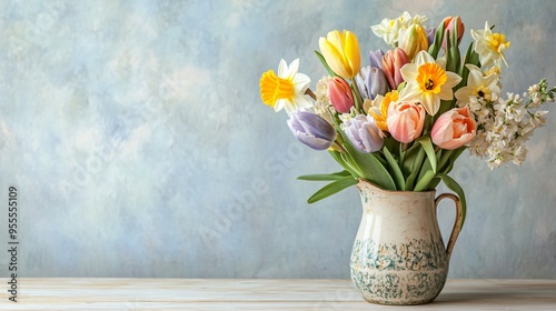 An Easter-themed bouquet with pastel-colored tulips, daffodils, and hyacinths, arranged in a vintage ceramic vase on a light wooden table