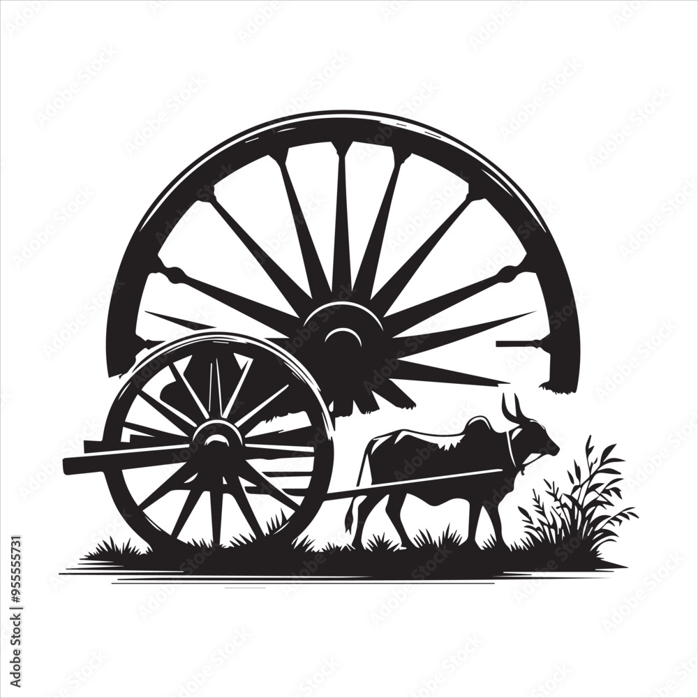 Fototapeta premium bullock cart wheel silhouette vector With White Background 