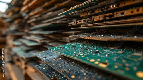 A stack of old circuit boards ready for recycling, showcasing the intricate details of e-waste with ample copy space for environmental themes. photo