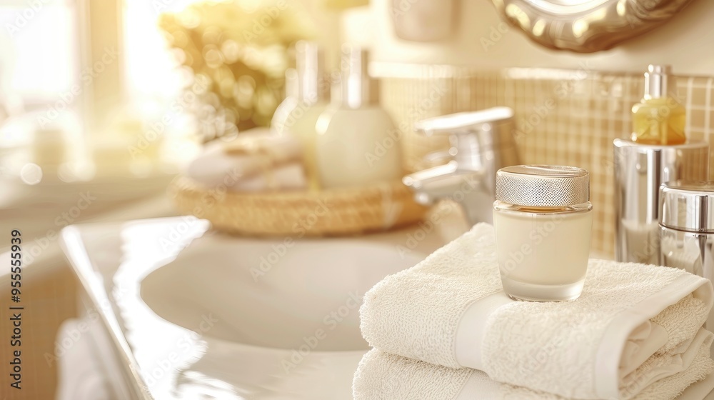 Luxury Bathroom with Cream Jar, Towels, and Sink Luxury Bathroom with Cream Jar, Towels, and Sink