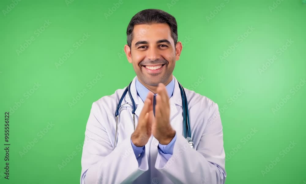 Smiling Arab doctor clapping against a green screen wearing a stethoscope
Smiling Arab doctor clapping against a green screen wearing a stethoscope