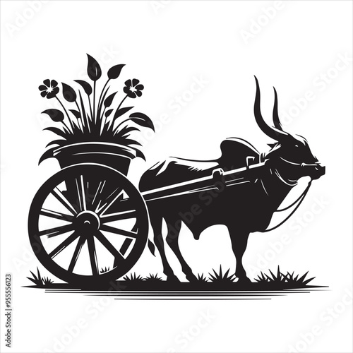 bullock cart wheel silhouette vector With White Background 