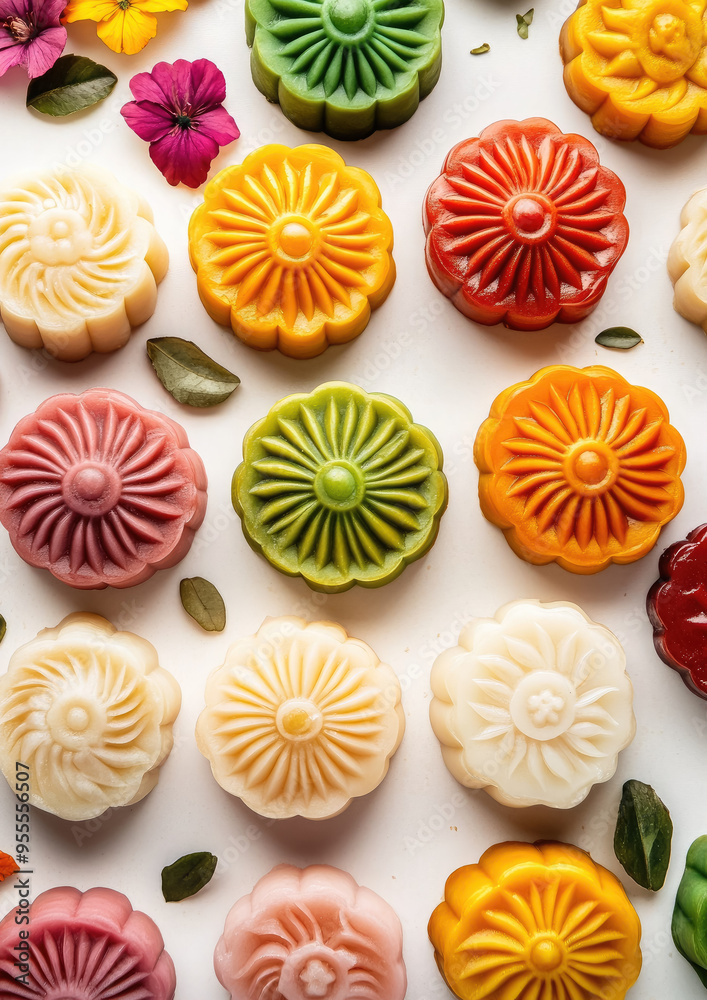 colorful mooncakes on white table, top view, stylish food photo, mid autumn festival, september 17, reunification day, traditional treat, food, baking, national meal, holiday, celebration colorful mooncakes on white table, top view, stylish food photo, mid autumn festival, september 17, reunification day, traditional treat, food, baking, national meal, holiday, celebration