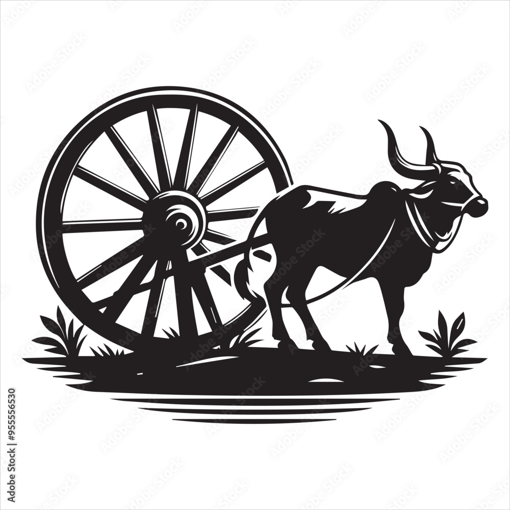 Fototapeta premium bullock cart wheel silhouette vector With White Background 