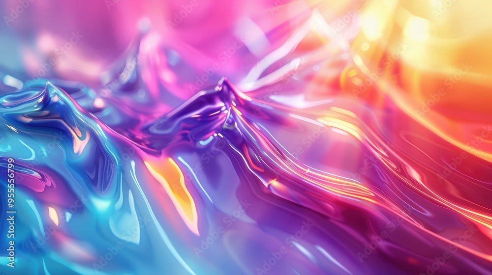 Obraz premium A vibrant abstract landscape featuring colorful, fluid mountain peaks illuminated by soft light, creating a dreamy, ethereal atmosphere.