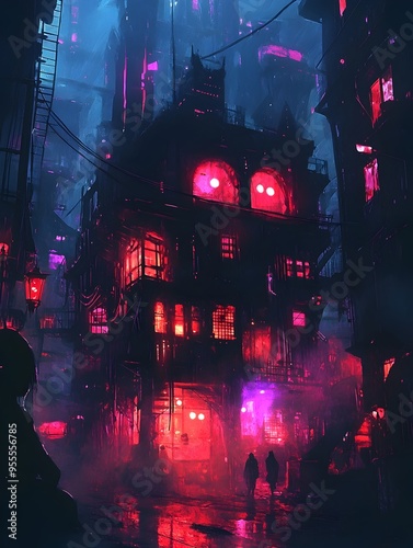 Haunted House Amidst Neon Soaked Metropolis on Chilling All Hallow s Eve photo