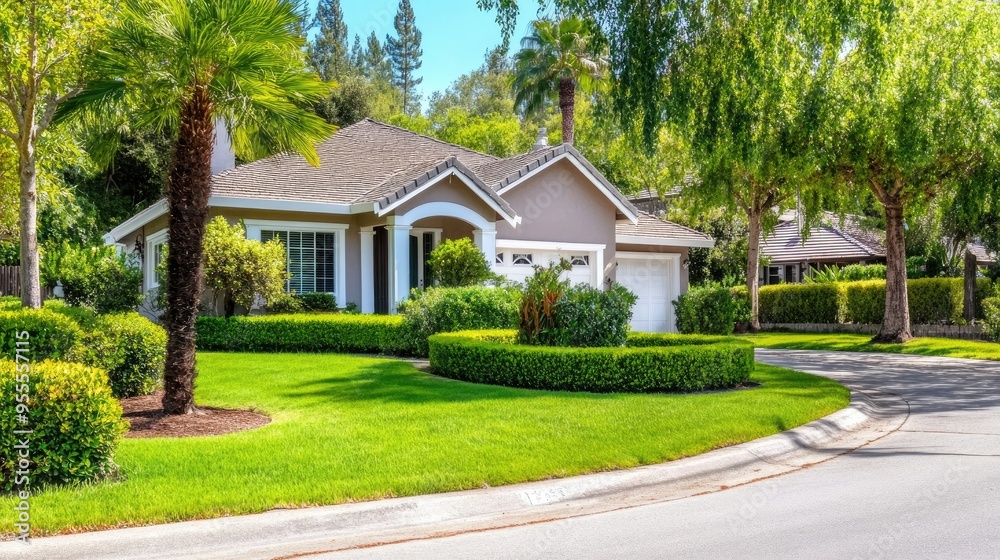 This quaint house features lush green hedges and palm trees in the front yard, showcasing classic New Zealand architecture with a nostalgic vintage vibe This quaint house features lush green hedges and palm trees in the front yard, showcasing classic New Zealand architecture with a nostalgic vintage vibe