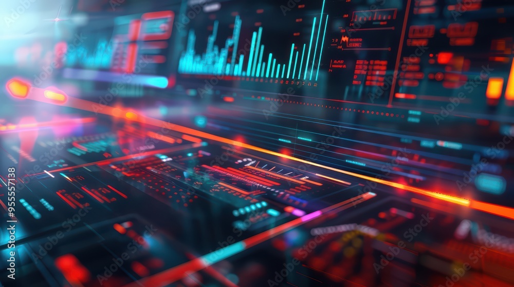 A vibrant digital interface showcasing data analytics with glowing graphics and charts, representing modern technology.