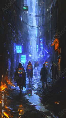 Trick or Treaters Explore Hologram Filled Derelict Alley in Crumbling Futuristic Cityscape