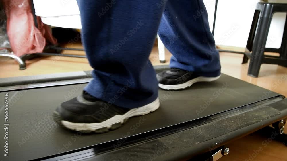 Man wearing sweatpants and sneakers is exercising indoors walking on a treadmill Man wearing sweatpants and sneakers is exercising indoors walking on a treadmill
