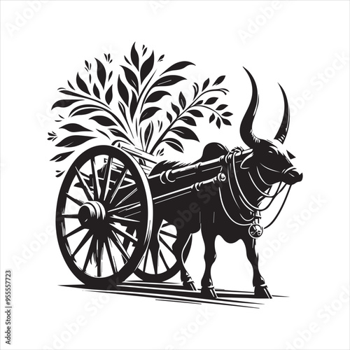 bullock cart wheel silhouette vector With White Background 