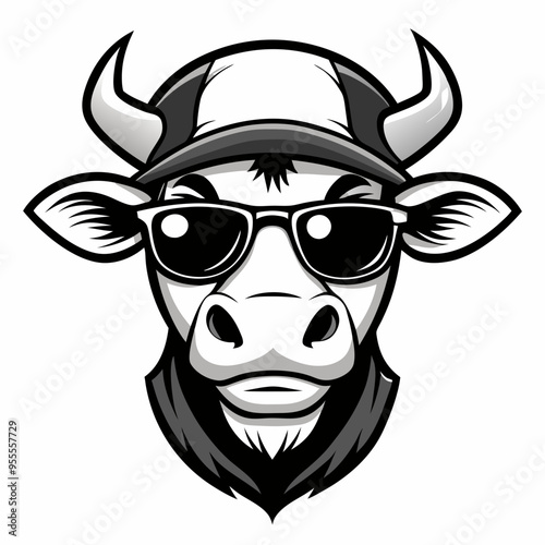 Vector Art Cow Head with Cap and Sunglasses in Black & White