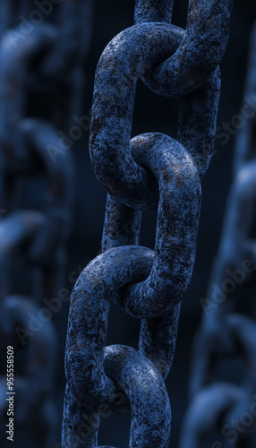 Close-up of old, rusted metal chains linked together in dark lighting, symbolizing strength, connection, and durability. photo