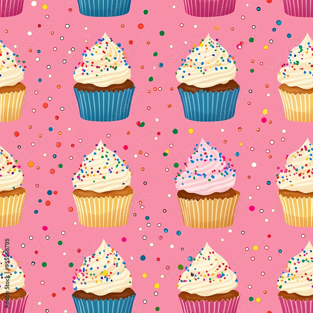 Colorful cupcakes with sprinkles on a vibrant pink background. Colorful cupcakes with sprinkles on a vibrant pink background.