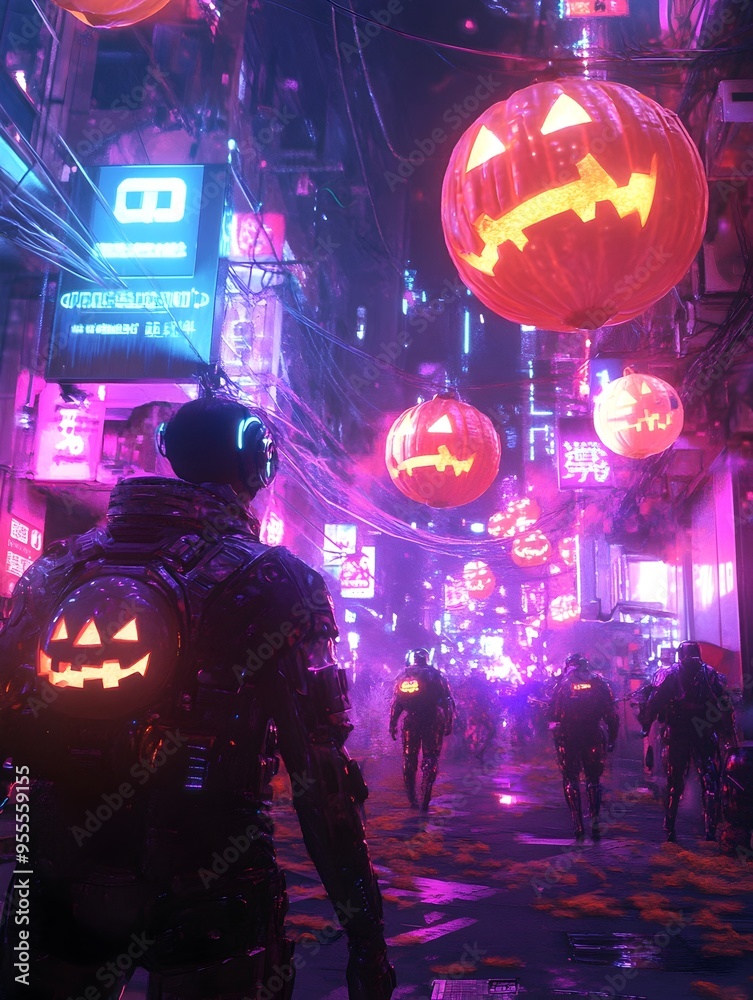 Neon Drenched Halloween Festival with Holographic Pumpkins and Costumed Revelers Neon Drenched Halloween Festival with Holographic Pumpkins and Costumed Revelers
