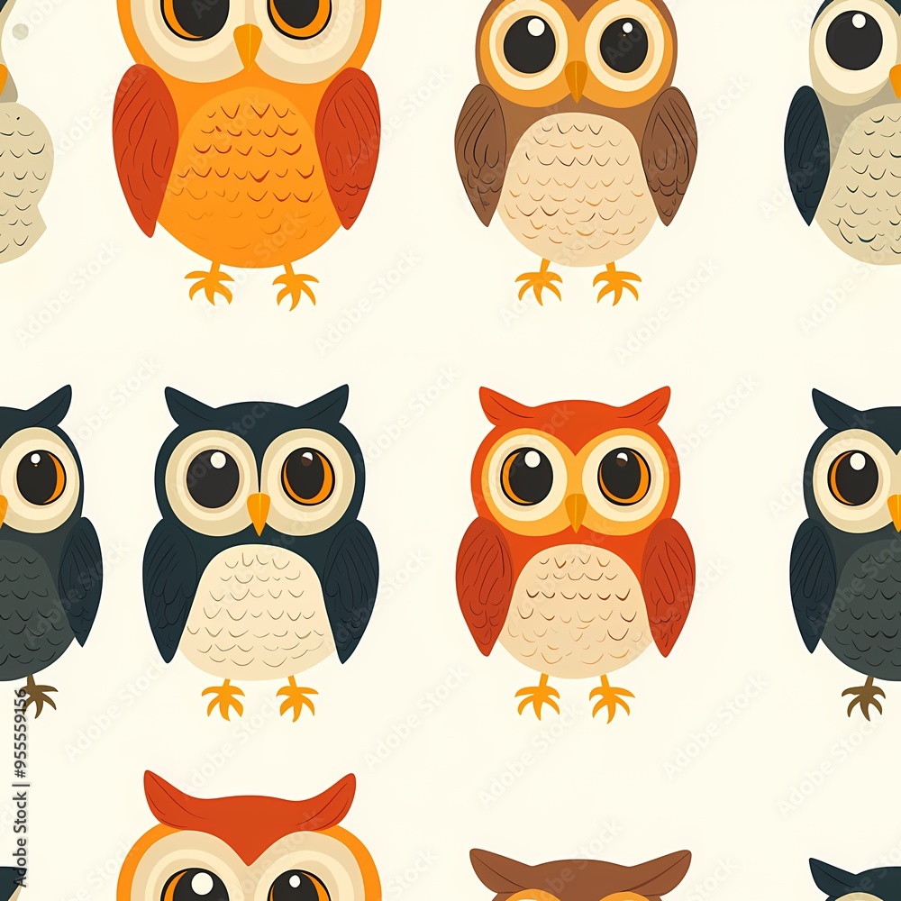 Colorful cartoon owls pattern in various shades and designs. Colorful cartoon owls pattern in various shades and designs.