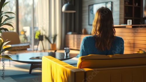 Teenager in Blue Sweater Amid Modern Decor: Perfect Poster for Stylish Youth Spaces and Contemporary Interiors bathed in Natural Light