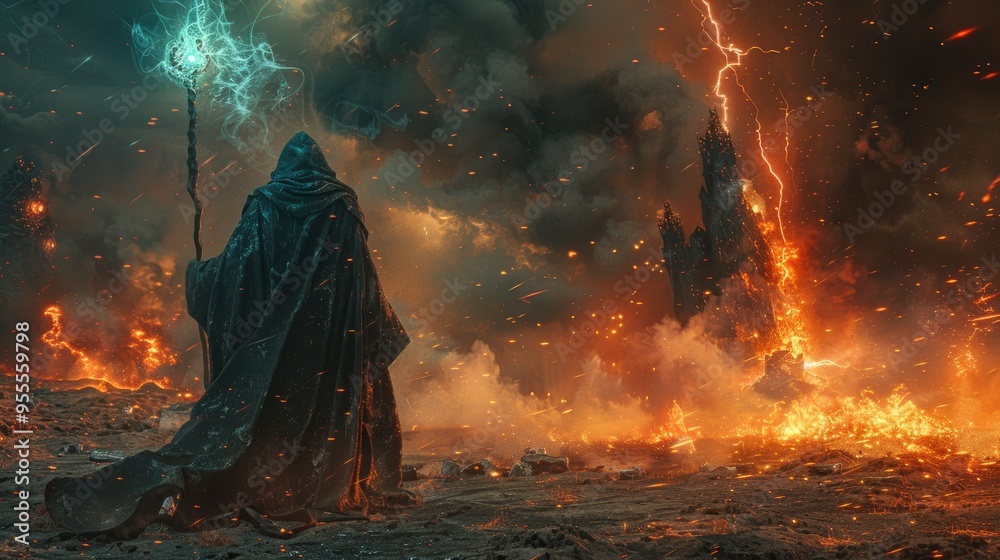 Dark Mage Standing Before Burning Tower Dark Mage Standing Before Burning Tower