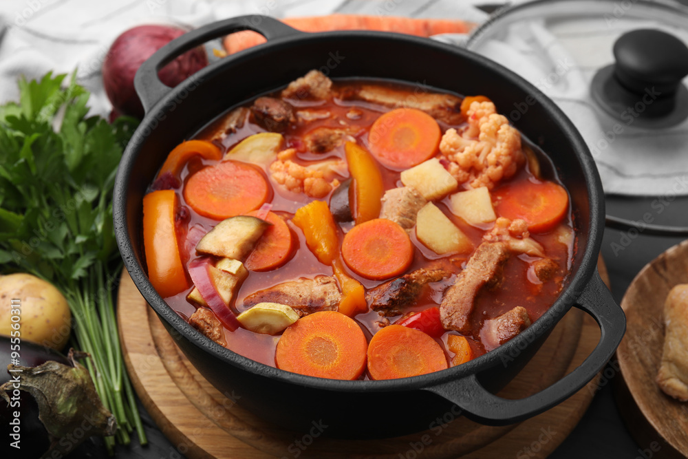 Tasty homemade stew with vegetables on grey wooden table, closeup Tasty homemade stew with vegetables on grey wooden table, closeup