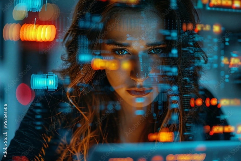 dramatic shot of a woman working late at night on her laptop, with ominous ransomware messages popping up on the screen, symbolizing a cyber attack on a business's privacy and data. dramatic shot of a woman working late at night on her laptop, with ominous ransomware messages popping up on the screen, symbolizing a cyber attack on a business's privacy and data.