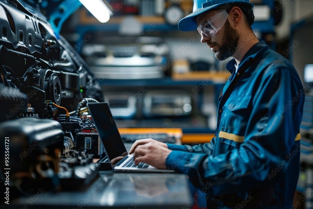 mechanic worker using a laptop to diagnose and repair car electronics at a garage. mechanic worker using a laptop to diagnose and repair car electronics at a garage.