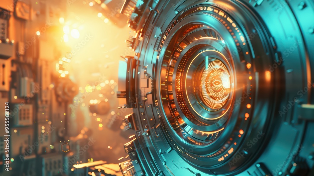 Futuristic abstract design showcasing a glowing circular mechanism with intricate details, embodying technology and innovation. Futuristic abstract design showcasing a glowing circular mechanism with intricate details, embodying technology and innovation.