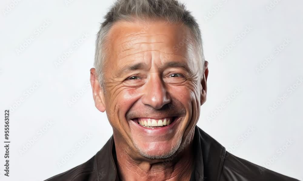 Portrait of happy mature man in leather jacket smiling on white background Portrait of happy mature man in leather jacket smiling on white background