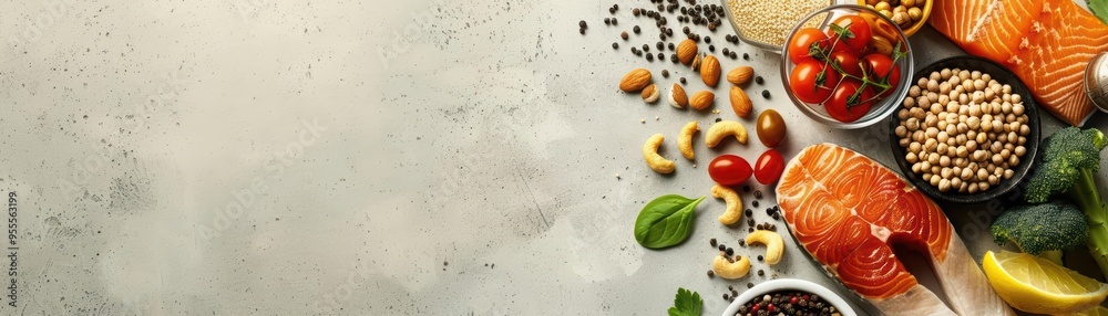Creative food flat lay banner featuring healthy fats, proteins, and carbohydrates for a wellrounded and balanced diet, with solid background and copy space on center for advertise Creative food flat lay banner featuring healthy fats, proteins, and carbohydrates for a wellrounded and balanced diet, with solid background and copy space on center for advertise