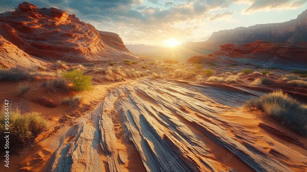 Naklejka premium A tranquil Arizona desert morning scene with soft sunlight illuminating the landscape and highlighting the textures of the sand and rock.