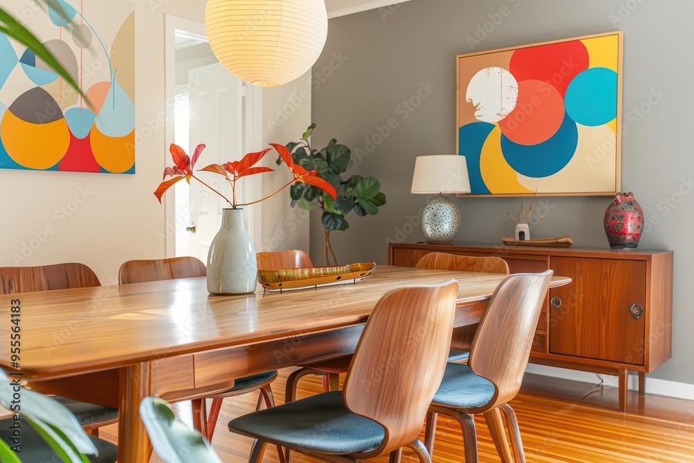 Obraz premium Modern dining room with stylish decor, featuring a wooden table, colorful art, and vibrant plants creating a welcoming atmosphere.